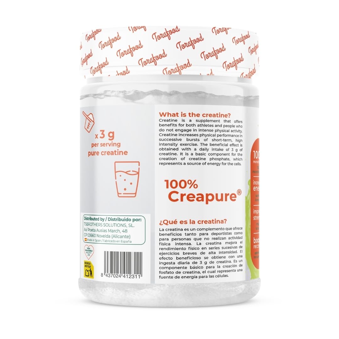 Creatina Monohidrato Creapure en Polvo | 320G | Sabor Melón | Aumento de Masa Muscular y Resistencia | Gran Solubilidad | 100% Vegana | Torafood
