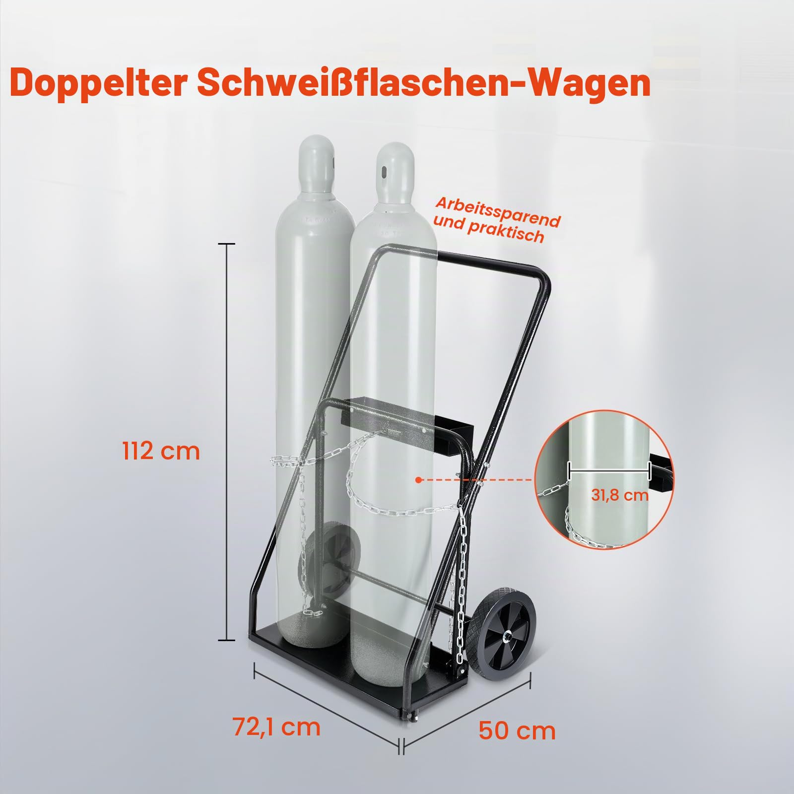 VEVOR Schweißflaschenwagen, Sauerstoff-Acetylen-Tankwagen mit 200 kg statischer Tragkraft, 25,4 cm Vollrädern & Sicherheitsketten zur Tanklagerung, für doppelte Gasflaschen mit 31,8 cm Durchmesser
