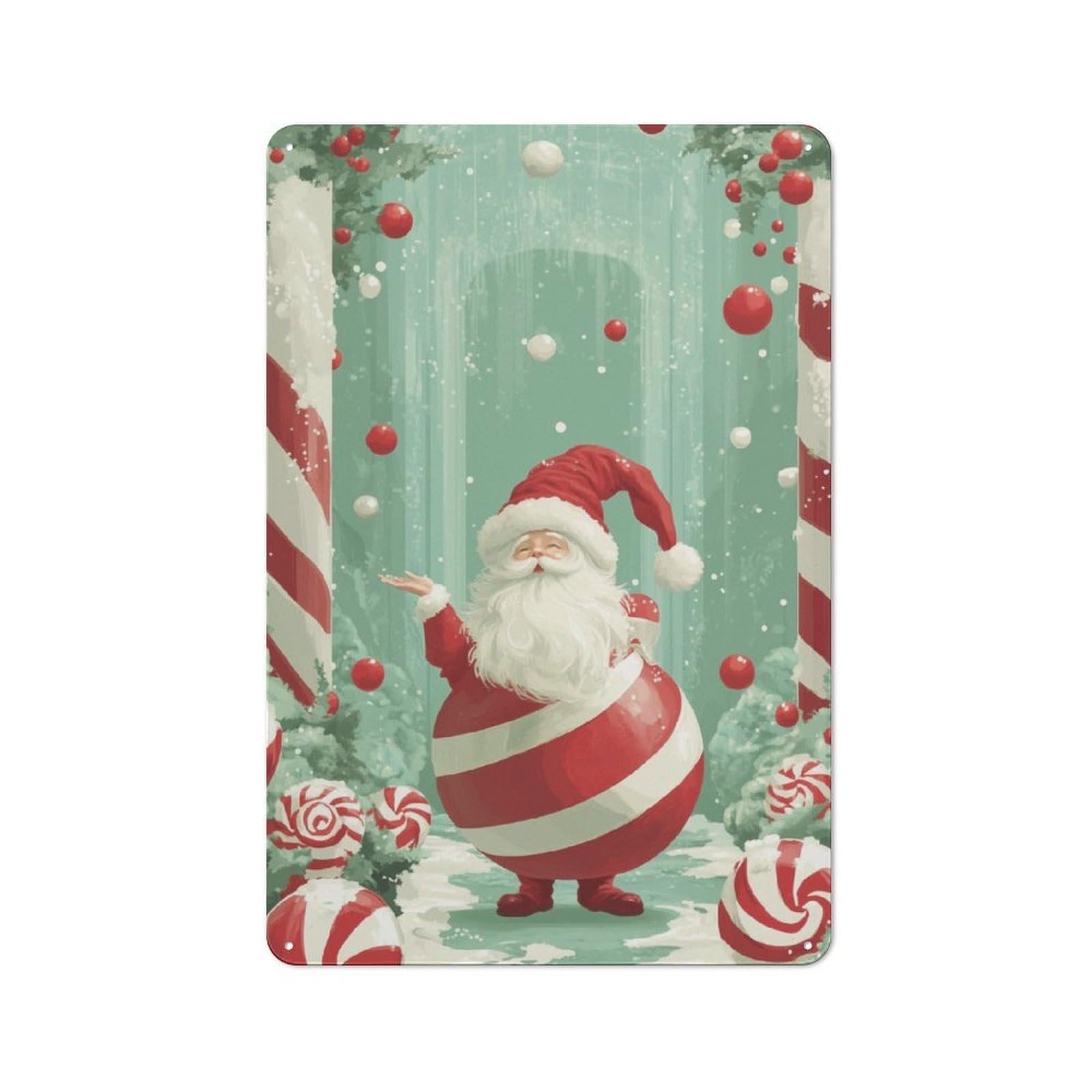 Junmoney Santa Claus Candy Cane Rustic Tin Sign 30X20cm For Living Room Or Hallway, A Metal Wall Feature For Living Rooms And Hallways