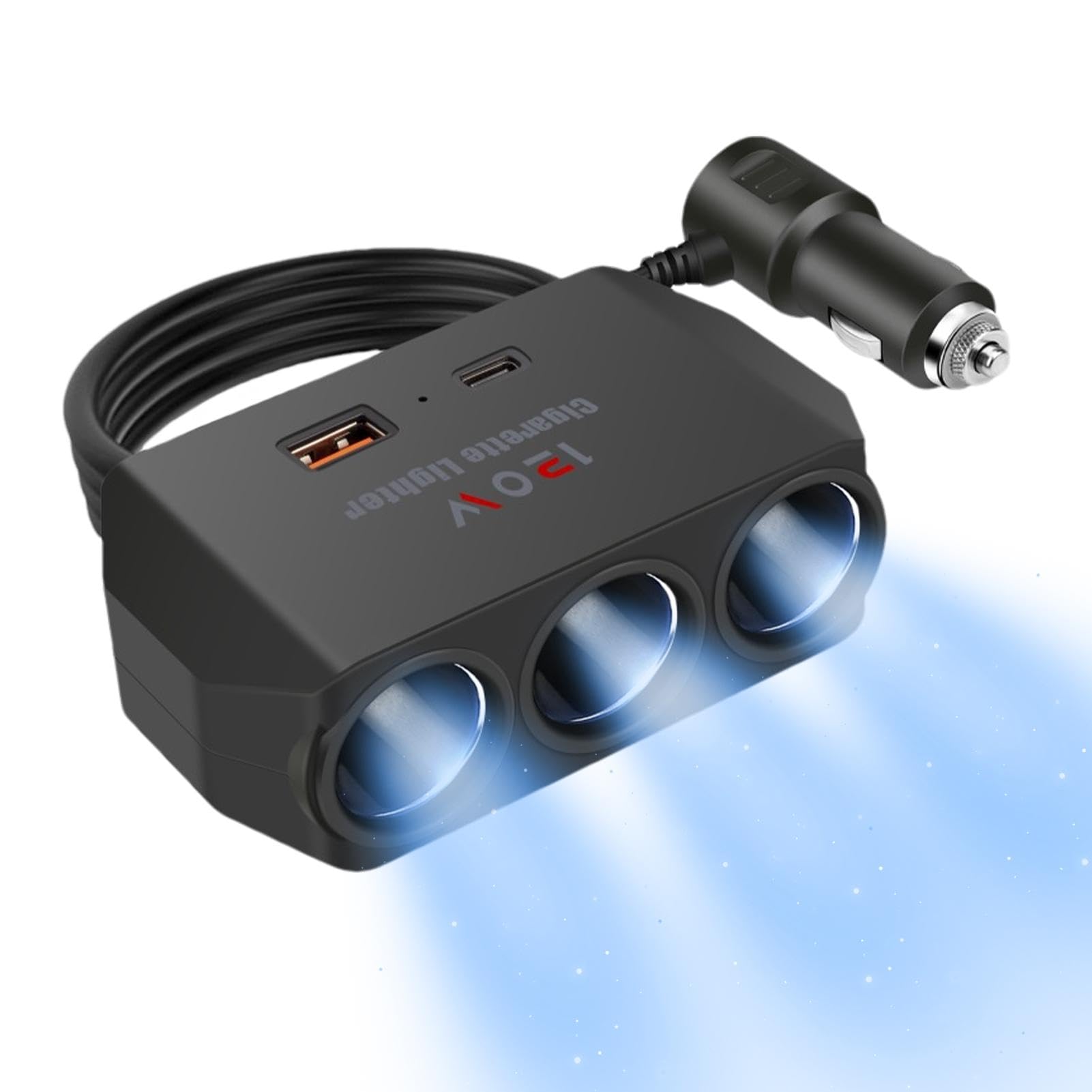 USB-oplader voor in de auto, autolader met meerdere poorten, auto-telefoonadapter 115 W met 6 poorten, spanningsweergave, verlenging van 1,5 m PD & Qc 3.0, poort