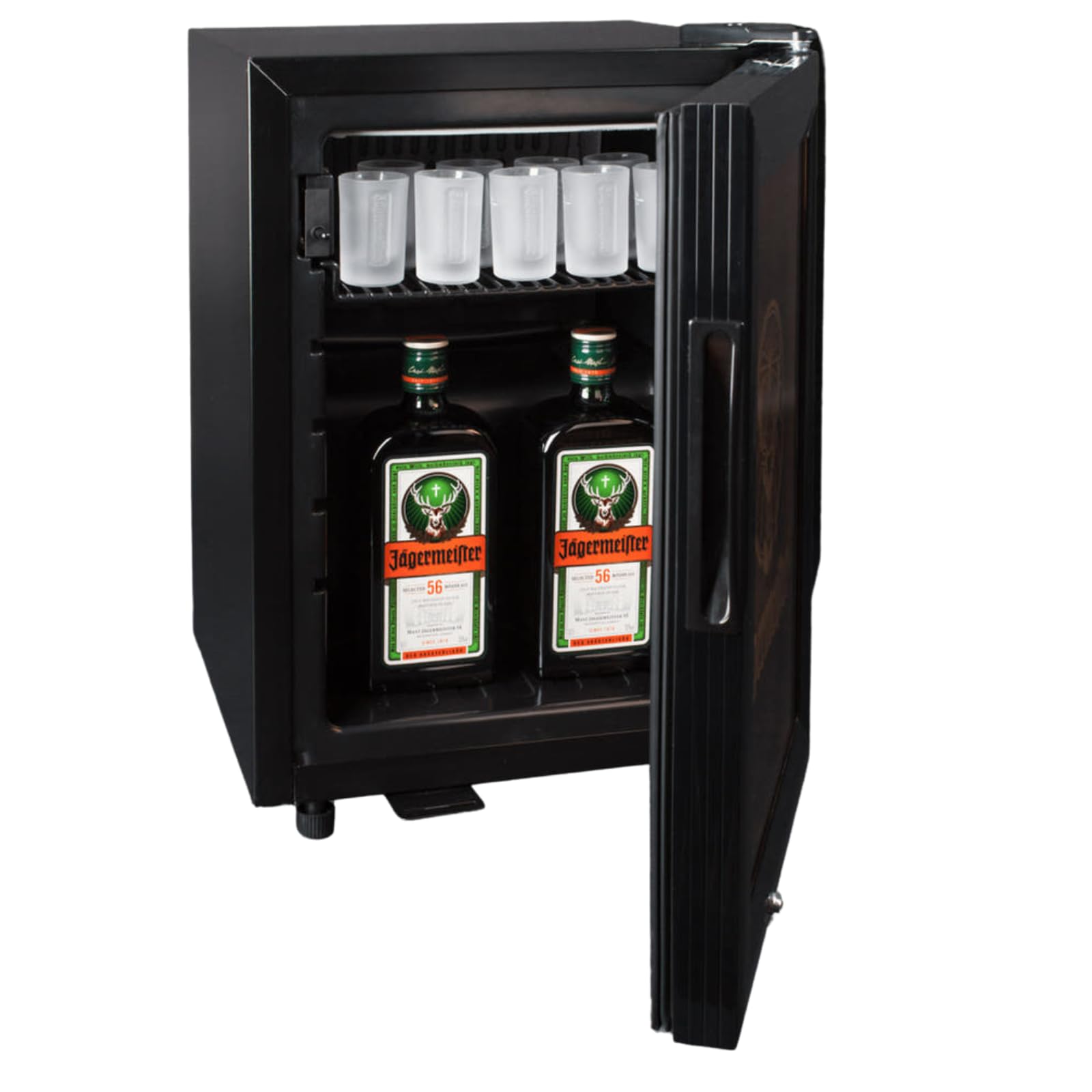 Jägermeister Mini Gefrierschrank – Mini Freezer mit LED-Beleuchtung für eiskalte Shots – 21L Tiefkühler für Hausbar & Gastronomie – 35 x 42 x 50 cm, 20 kg