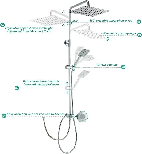 OFFO Colonna Doccia Senza Miscelatore, Asta Doccia Saliscendi con Soffione Pioggia 30x30cm e Doccetta 3 Getti, Asta Doccia Regolabile in Altezza 86-120cm, Tubo Acciaio Inox Antitorsione 1.6m, Cromo - 3