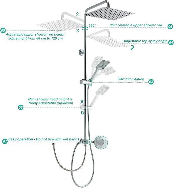 OFFO Shower Riser Rail Kit, Rainfall Shower Kit with 10(25cm) Square Rain Shower Head, Handheld and 1.6m Hose Set for Bathroom, No Mixer, Chrome