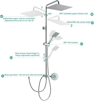 OFFO Shower Riser Rail Kit, Rainfall Shower Kit with 10(25cm) Square Rain Shower Head, Handheld and 1.6m Hose Set for Bathroom, No Mixer, Chrome