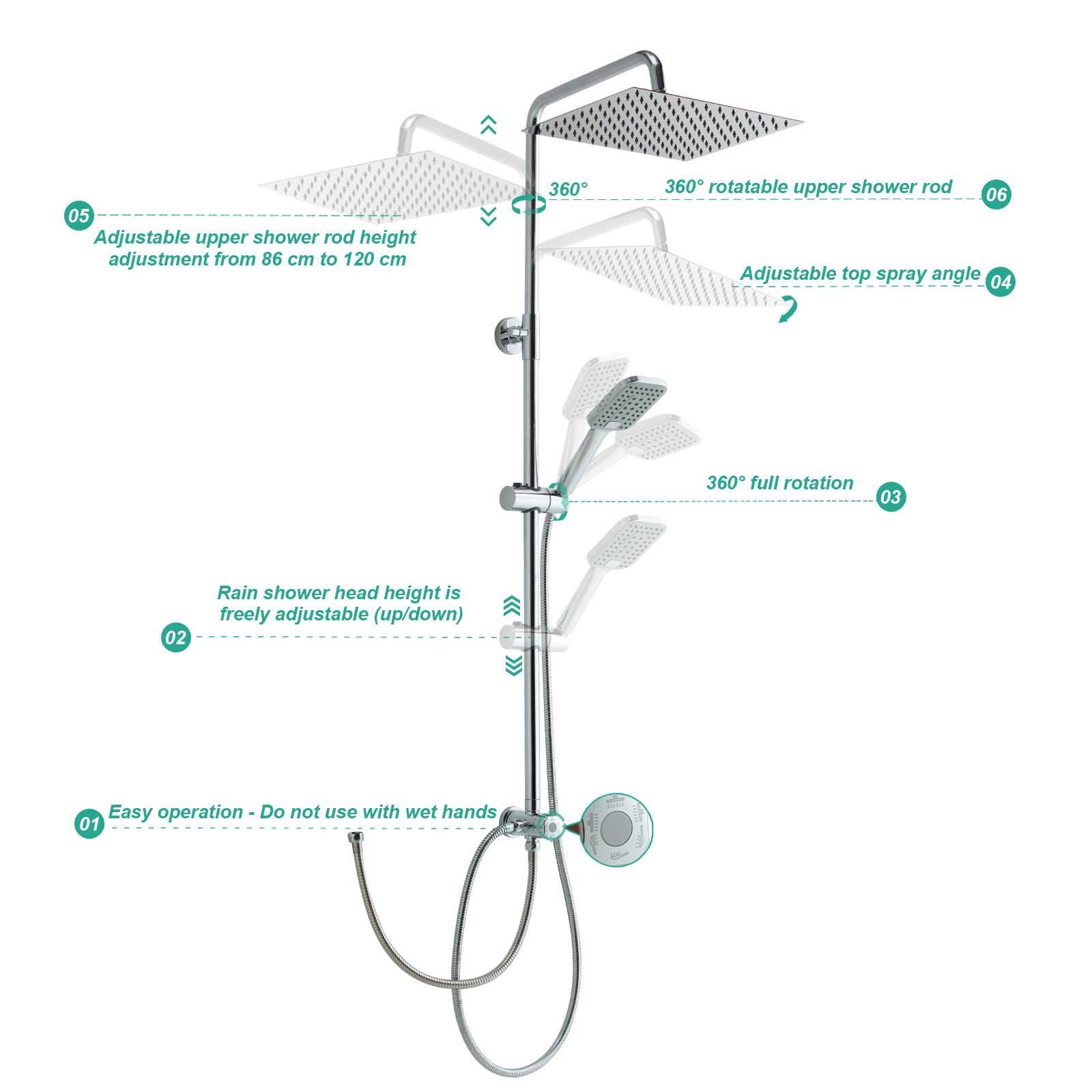 OFFO Shower Riser Rail Kit, Rainfall Shower Kit with 8"(20cm) Square Rain Shower Head - Image 3