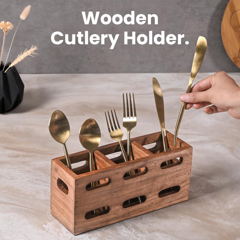 Image of Wooden Cutlery Holder for Kitchen - Cutlery and Tissue Holder for Dining Table | Spoon and Fork Organizer with Ventilated Design | Perfect for Gifting - Brown
