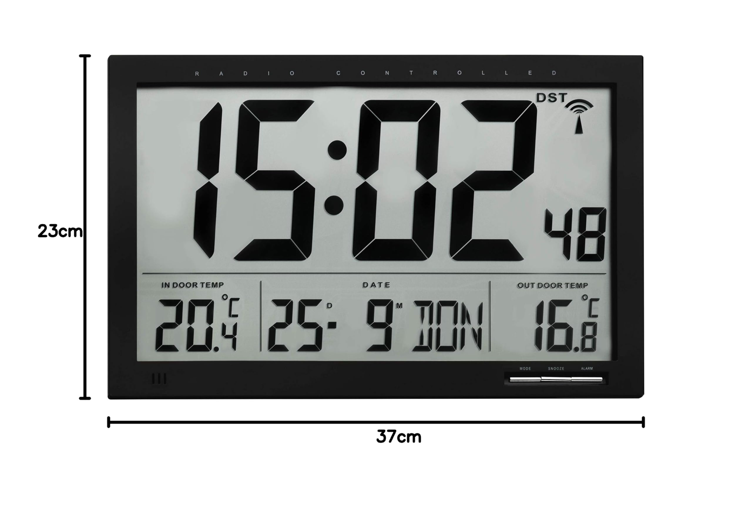 TFA Dostmann orologio digitale XL, 60.4510.01, radiocomandato, con temperatura esterna e interna, orologio da parete, di facile lettura, nero