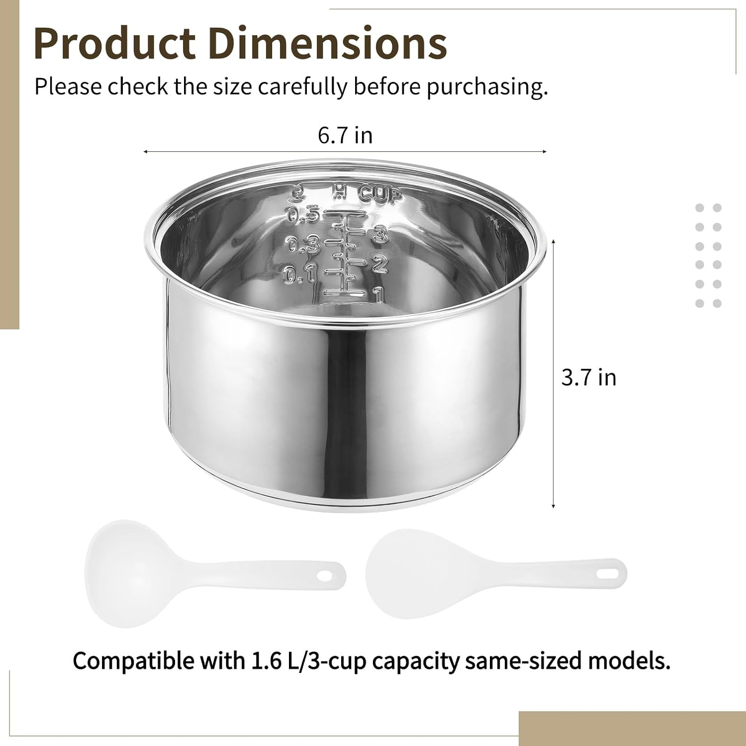 304 Stainless Steel Inner Pot, 1.6 L/3-Cup Rice Cooker Inner Bowl, Non-stick Replacement Inner Bowl, Includes Rice and Soup Spoons, Easy-to-Clean (1.6L)