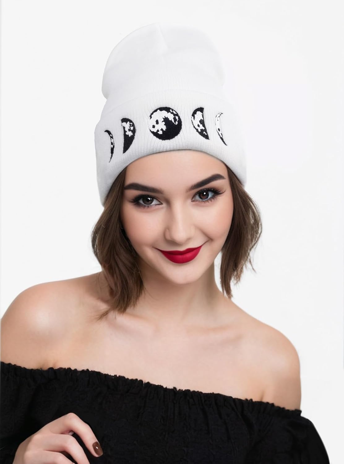 Gothic Moon Phase Skull Beanie Hats for Men Women, Warm Embroidery Winter Hat for Birthday Christmas & New Year - Image 3