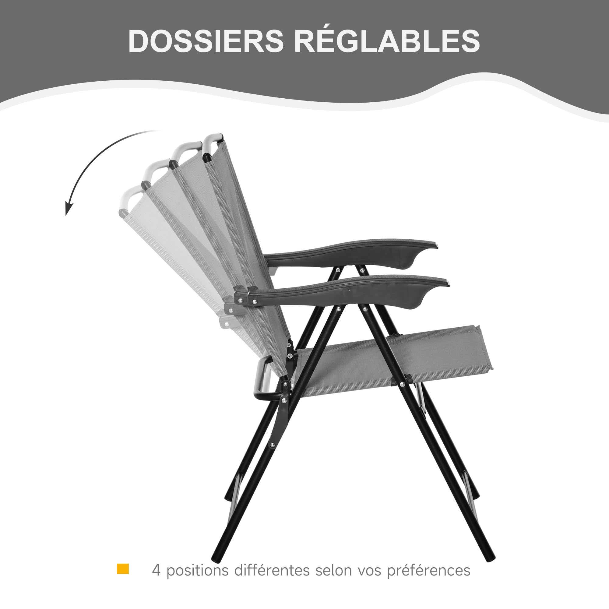 Outsunny Ensemble de Jardin 3 pièces 2 chaises inclinables Multi-Positions Pliables + Table Ronde Verre trempé métal textilène Gris