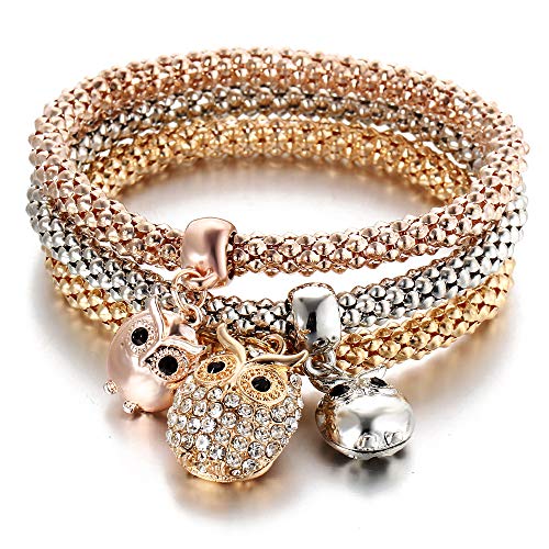 3PCS Gold/Silver/Rose Gold Corn Chain Bracelet Crystal Multilayer Charms stretch bracelet For Women Girls (Owl)
