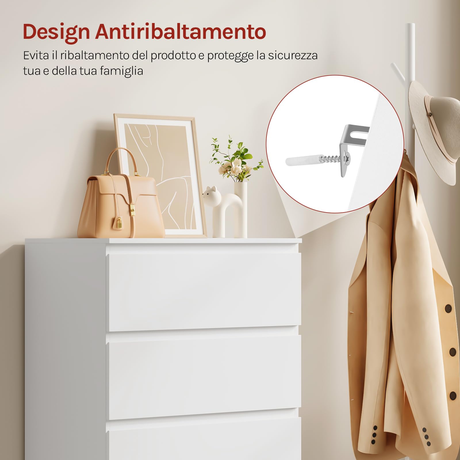 WOLTU Cassettiera Camera da Letto con 5 Cassetti Bianca, Mobiletto Salvaspazio in Stile Moderno, per Soggiorno Ingresso, 60x37x110 cm, in Legno, KMD006ws