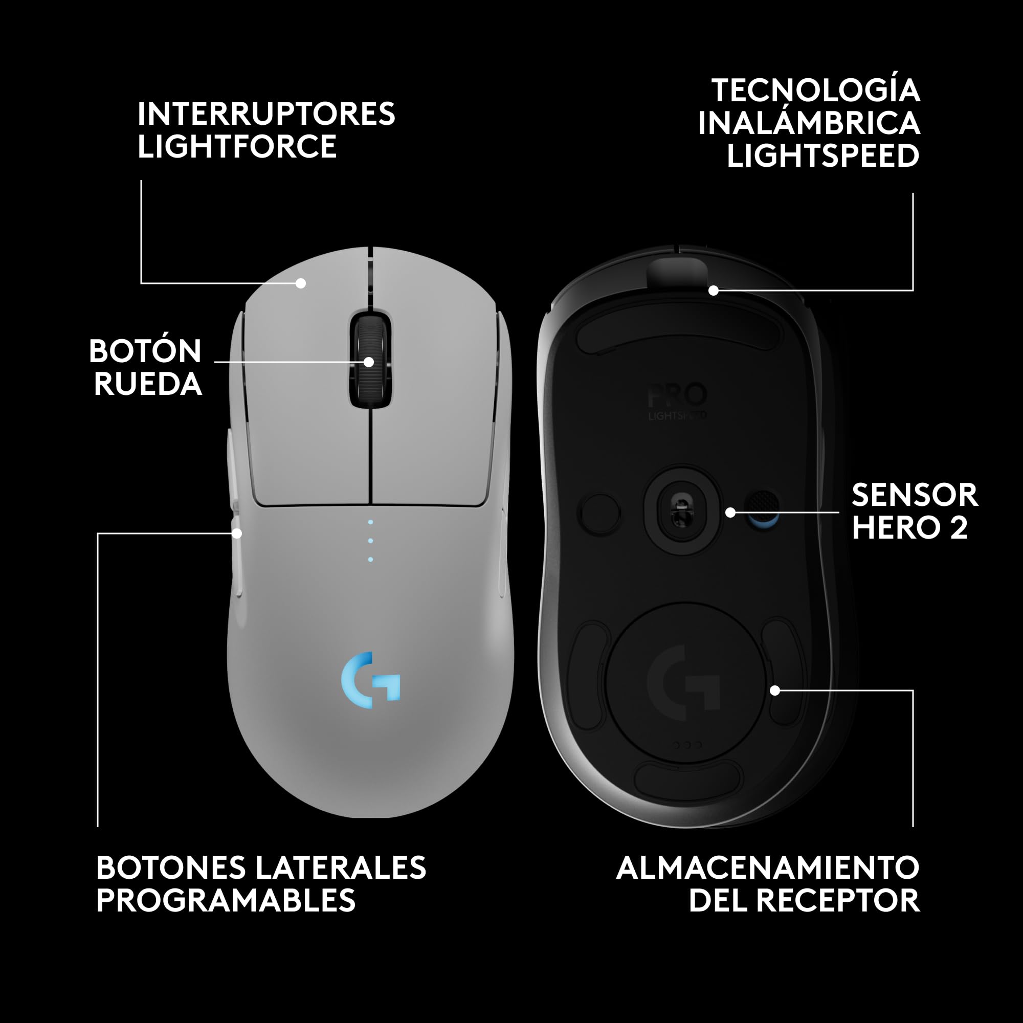 Ratón Gaming inalámbrico Pro 2 Lightspeed, hasta 4 Botones Laterales magnéticos Personalizables y conmutables, Carga USB-C, Sensor 32k dpi para para PC/Mac.