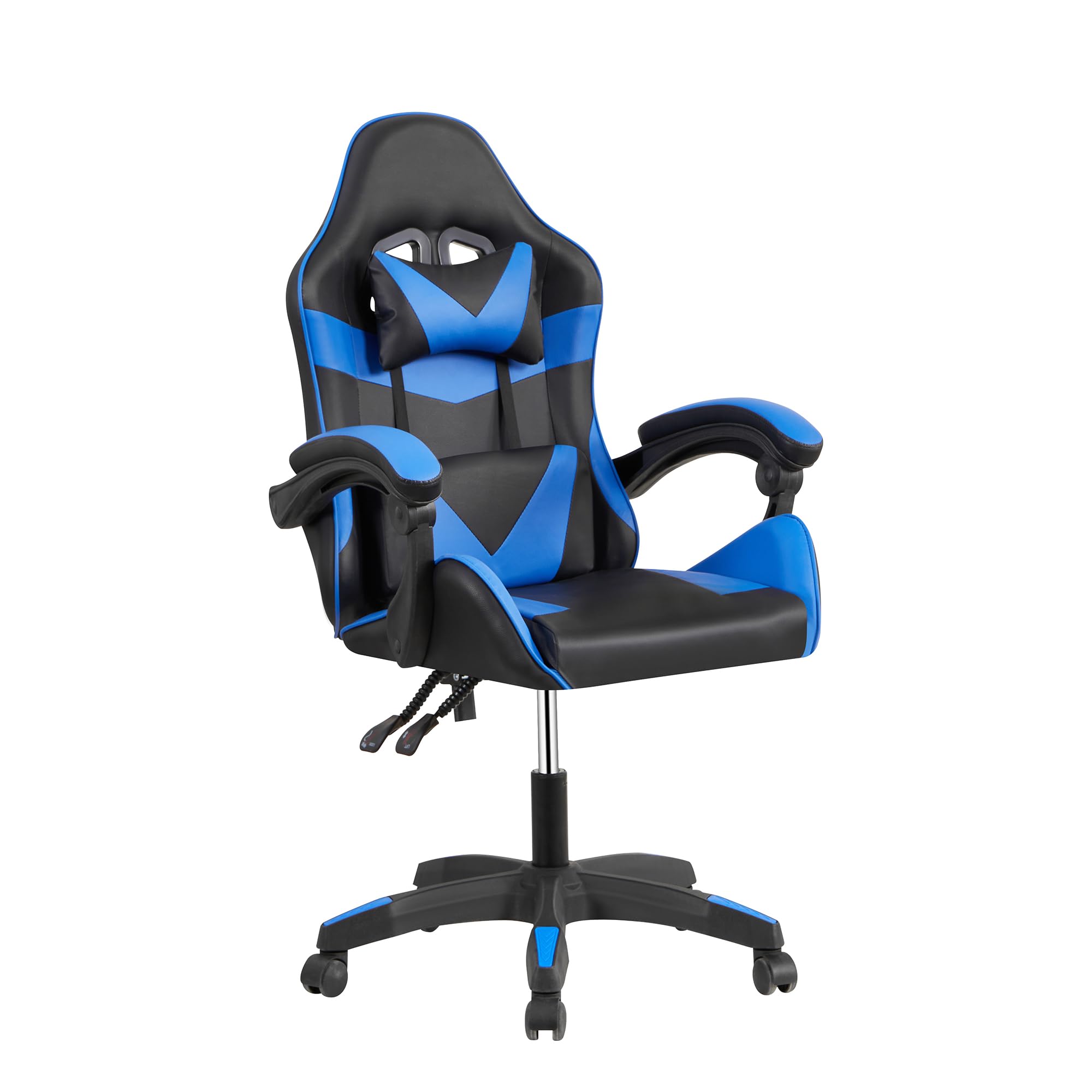 CRIBEL Sedia da Gaming Ergonomica Blu Nera con Cuscino Lombare e Poggiatesta, Poltrona Ufficio Girevole in Ecopelle, Sedia da Scrivania Cameretta PC Regolabile con Braccioli Imbottiti