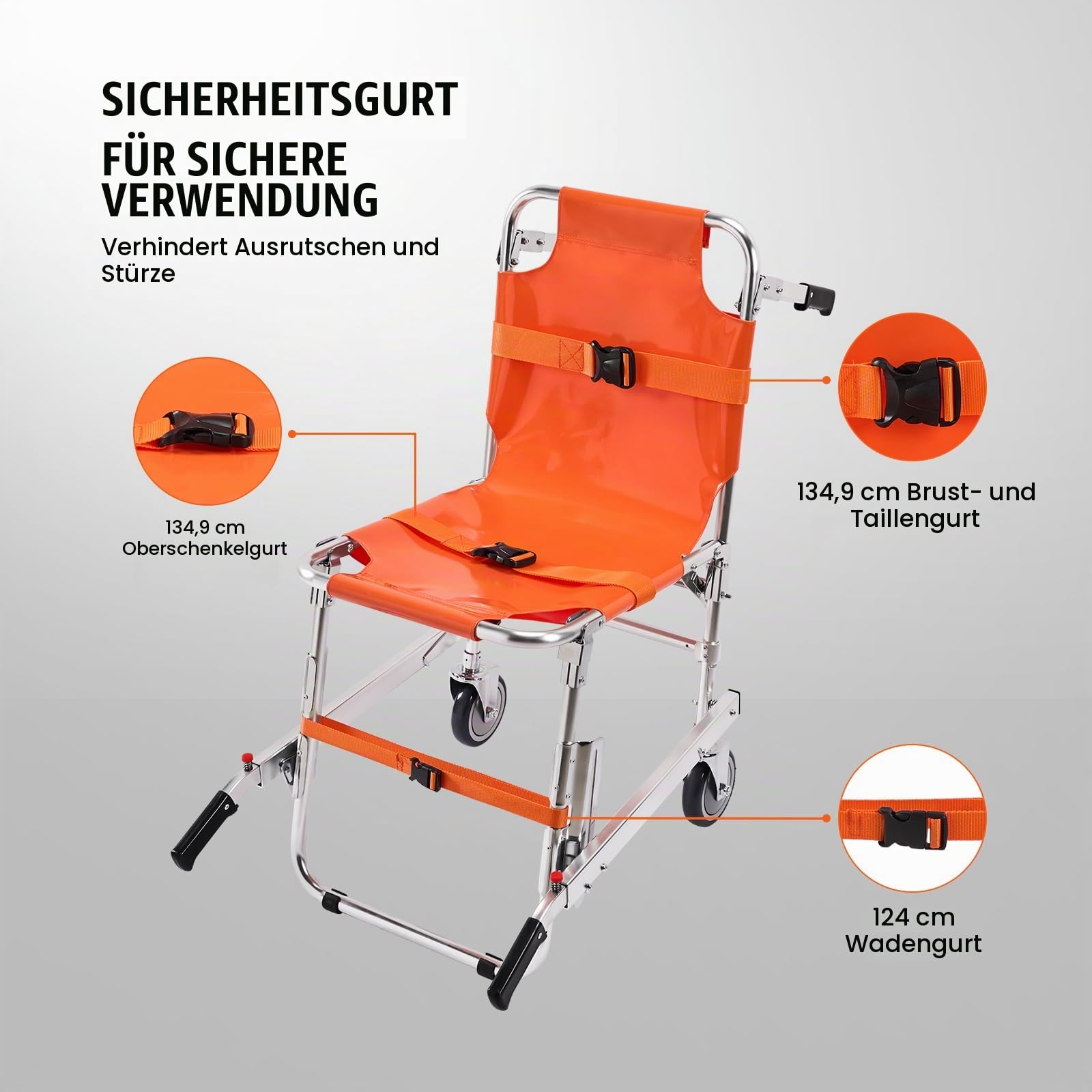 VEVOR EMS-Treppenstuhl 159kg Tragfähigkeit faltbarer Notfall-Treppensteigrollstuhl aus Alu mit 2 Rädern tragbarer Treppenlift Krankenwagen Feuerwehrmann Evakuierung für ältere Menschen und Behinderte