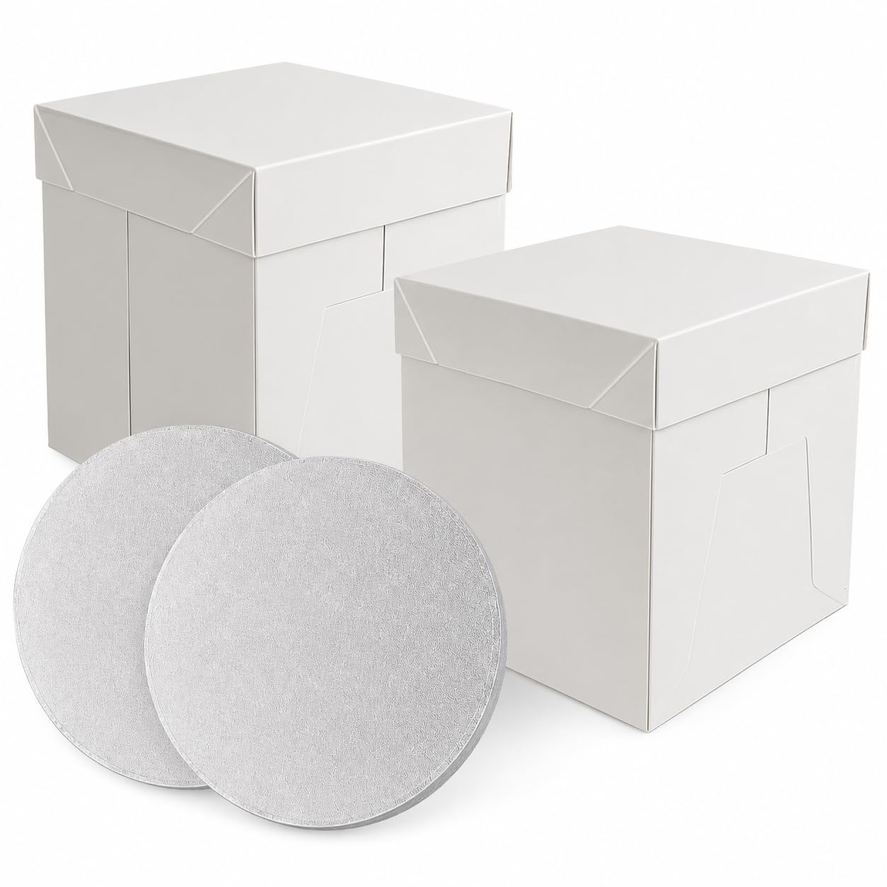Defresit 2x Premium Tall White Cake Box & Round Cake Drum Board Combo 12 Inch – Extra Deep, Strong for Wedding, Birthday, Celebration Cakes – 25mm Thick Cake Base for Stacked Cakes & Toppers(Sliver)