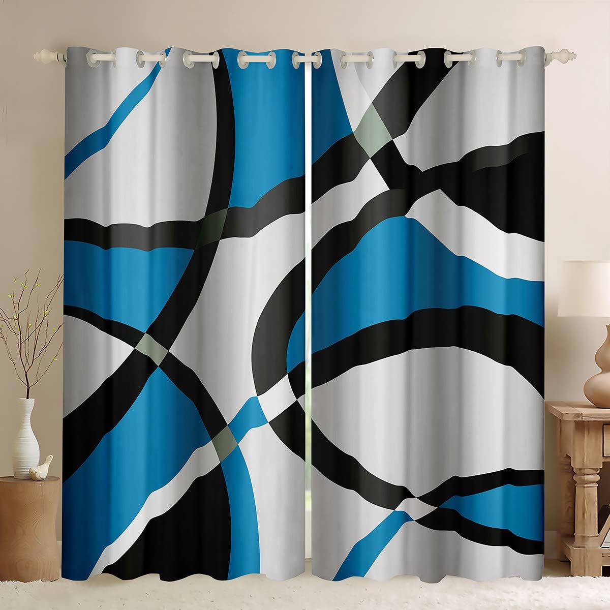 Blue and White Abstract Blackout Curtains Geometric Circle Window Curtains Retro Stripe Swirl Darkening Dreapes Modern Geometric Window Treatments Modern Luxury W46*L54 — image 1