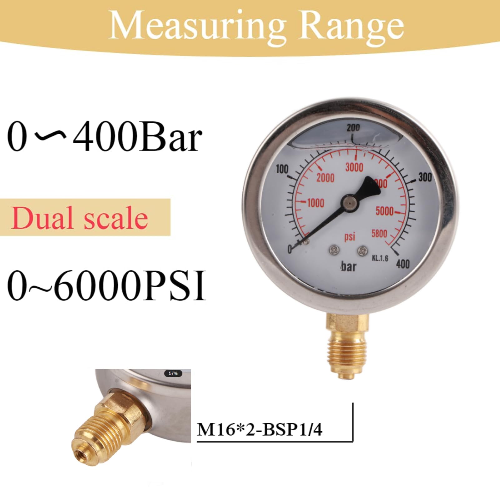 Kit di Raccordo per Prova Tubo Idraulico, Raccordo per manometro Digitale per Prova Pressione idraulica M16*2-BSP1/4 + manometro 0~400BAR/6000PSI + Tubo da 1,5 m