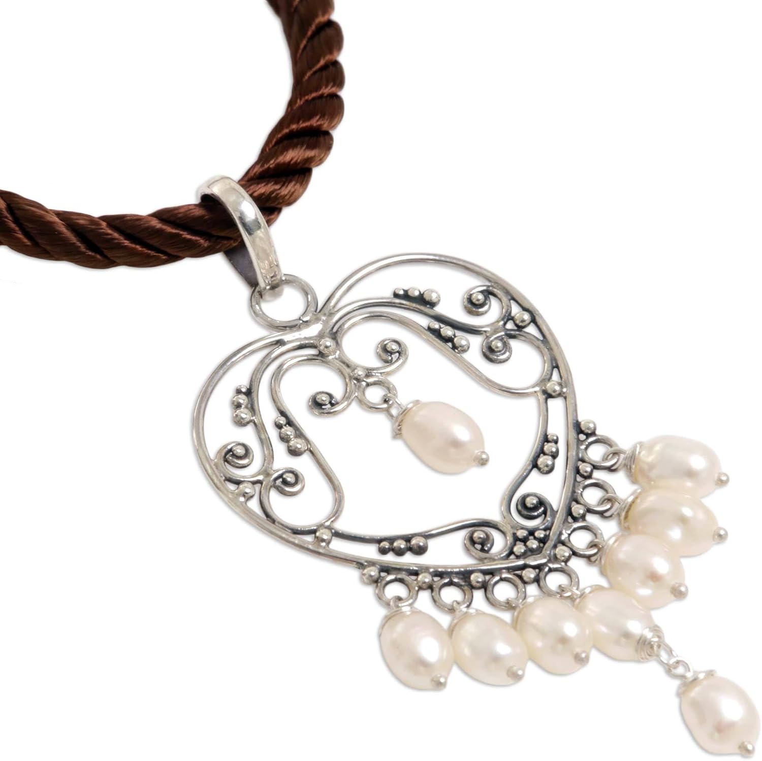 NOVICA Artisan Handmade Pearl Heart Necklace Artisan Crafted Silver Sterling Silk White Pendant Indonesia Birthstone [cord 17 in L x 0.1 in W Pendant(s) 2.2 in L x 1 in W] ' Heart Symphony'