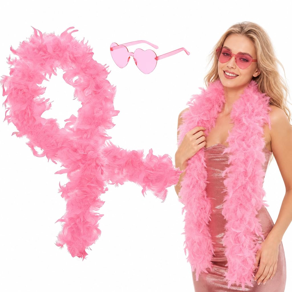 AisFgsw Pink Feather Boa Set, 2-Pack Fancy Dress with Heart Sunglasses
