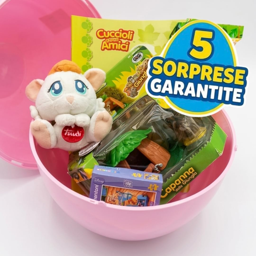 Pasqualone Bambini Rosa con 5 Sorprese Garantite – Peluche Coniglio Trudi 15 cm + Cuccioli Cerca Amici Giungla (Bustine + Capanna) | Uovo Pasqua Senza Cioccolato 40x30 cm | Regalo Bambina 3-6 Anni