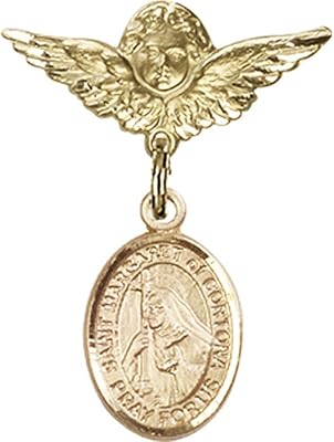 14kt Yellow Gold Baby Badge with St. Margaret of Cortona Charm and Angel w/Wings Badge Pin 1 X 3/4 inches