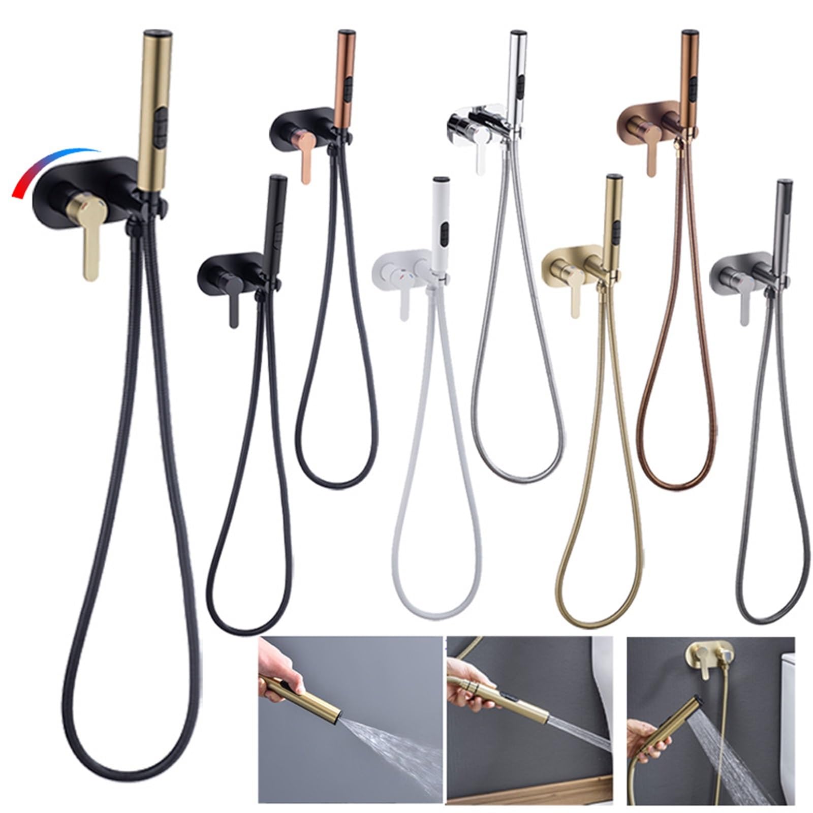 CMBSSTFC Rubinetto per Bidet con spruzzatore in Oro Rosa Spazzolato Miscelatore per Bagno a Parete Acqua Calda e Fredda con Tubo Flessibile 3 funzioni a Mano (Set Grigio)