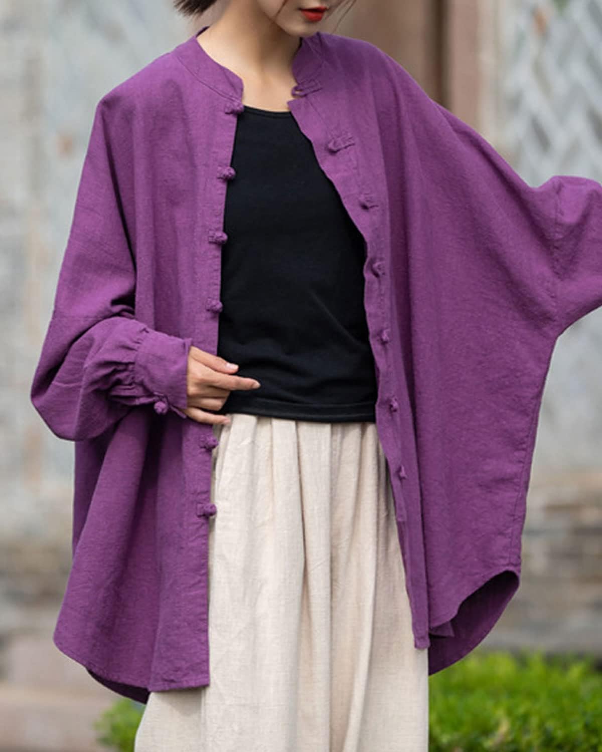 Lazutom Tunique pour femme en coton et lin avec bouton grenouille et col mandarin pour arts martiaux chinois Kung Fu Tai Chi
