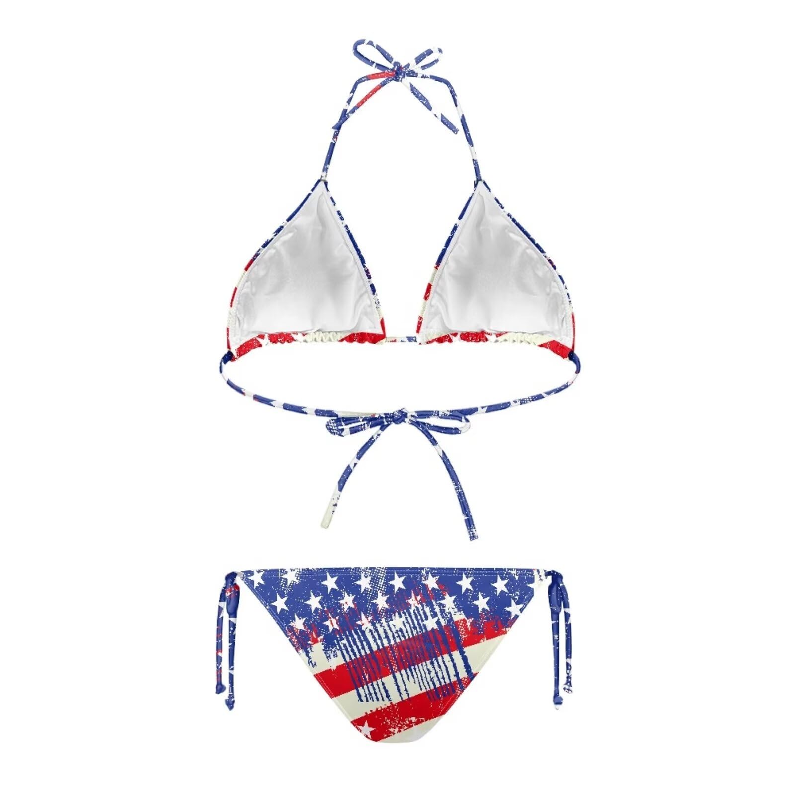 Yewattles Women's Two Piece Bikini Sets Vintage American Flag Printed Halter Triangle Swimsuit Soft Bathing Suits Transparent Straps Sexy Swimwear Tropical Vacations Summer Beach