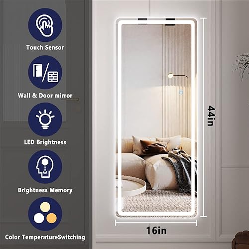 Miniatura 7 de Hasipu - Espejo de cuerpo entero para puerta, 44 x 16 pulgadas, espejo con luces led para colocar sobre la puerta, espejo colgante para montaje en