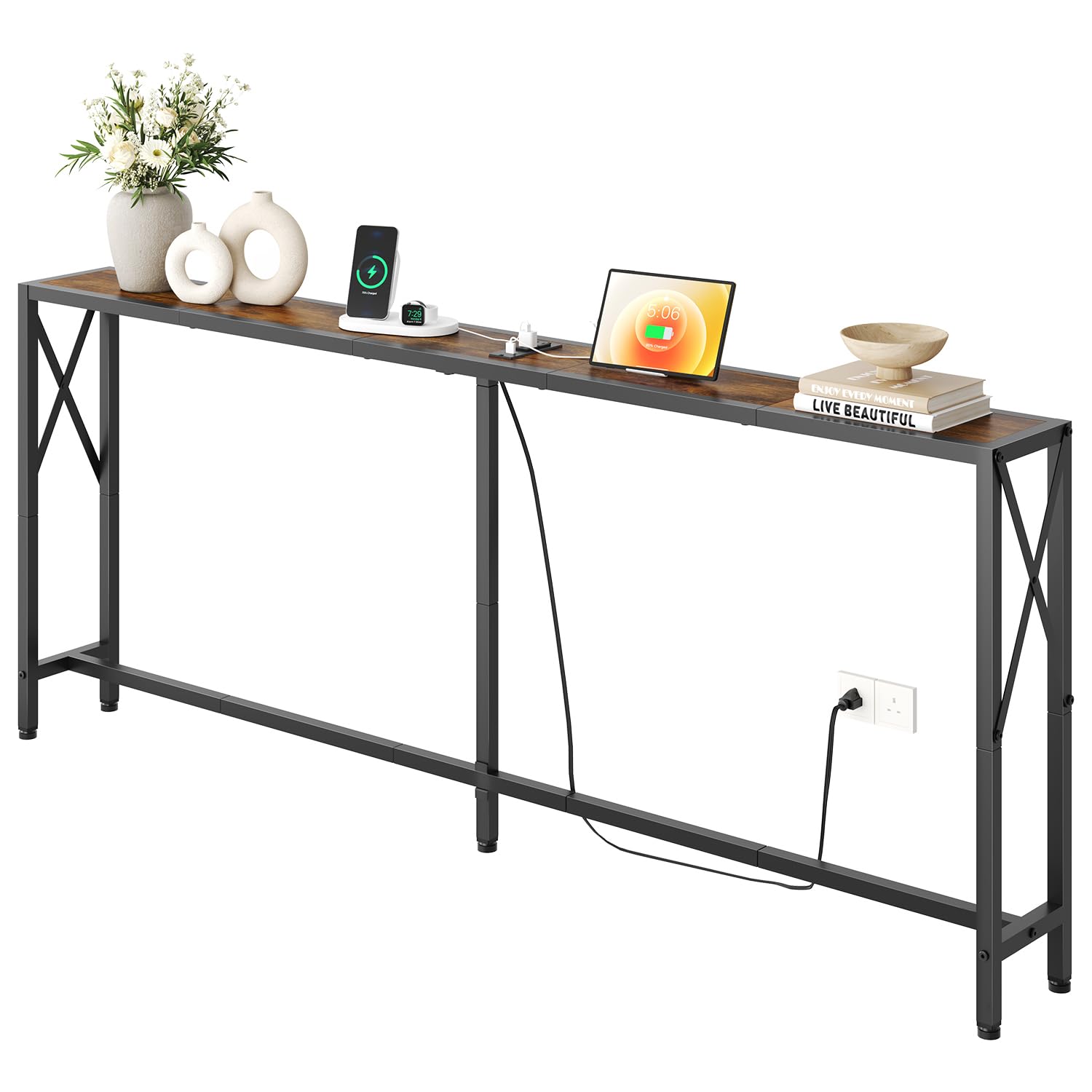 70 in Skinny Sofa Table Behind Couch, Console Table with Oulets & USB Ports for Hallway, Entryway,Living Room, Bedroom, Rustic BrownThe Forest Stewardship Council