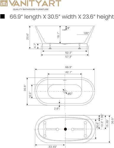 Miniatura 8 de Vanity Art Bañera de acrílico blanca independiente de 59 x 30 pulgadas, moderna bañera de remojo sola con desbordamiento ranurado certificado por