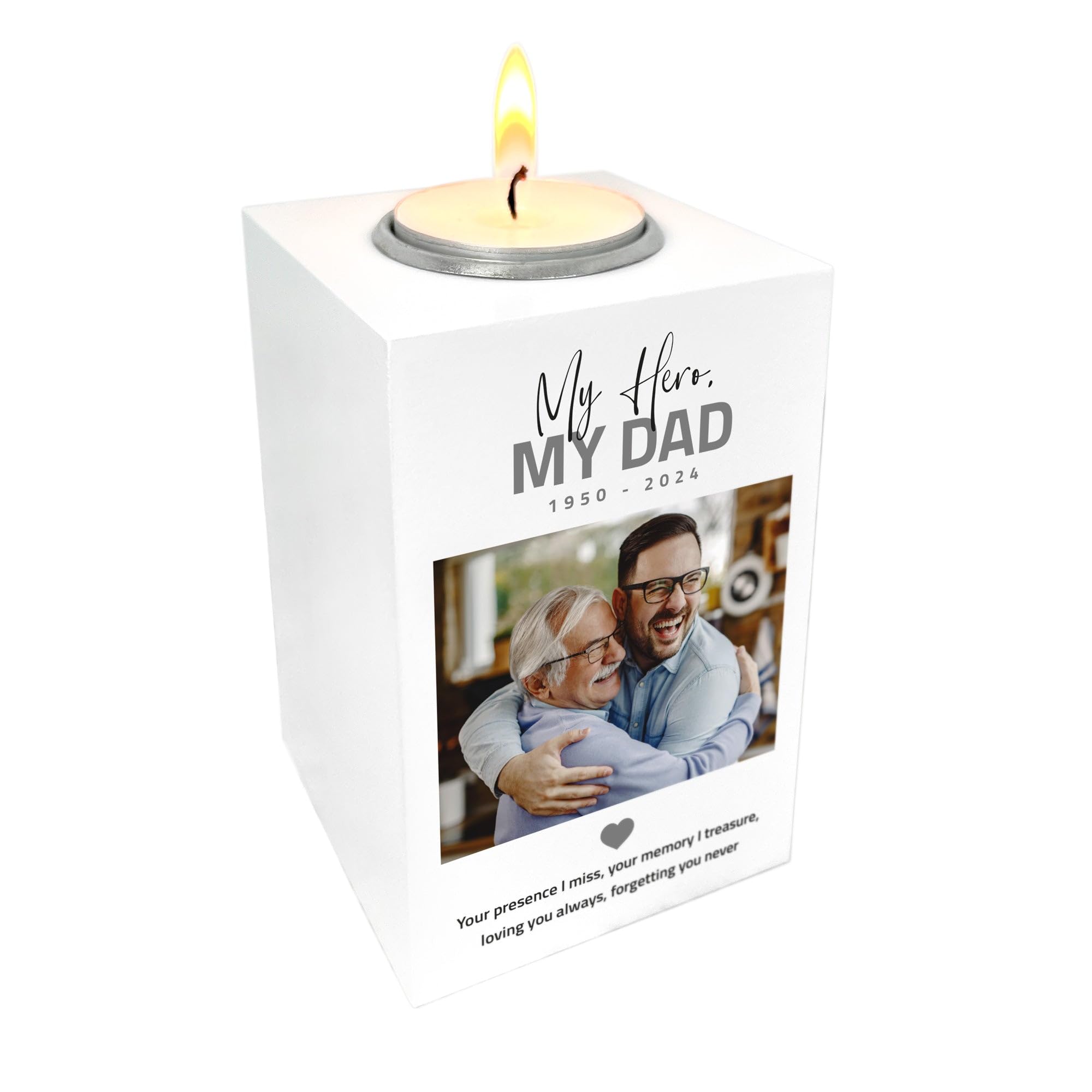 Personalised Memorial White Wooden Photo Tea Light Holder - Bold Text, Custom Message | Sympathy Gift, Remembrance | W7cm x D7cm x H10cm