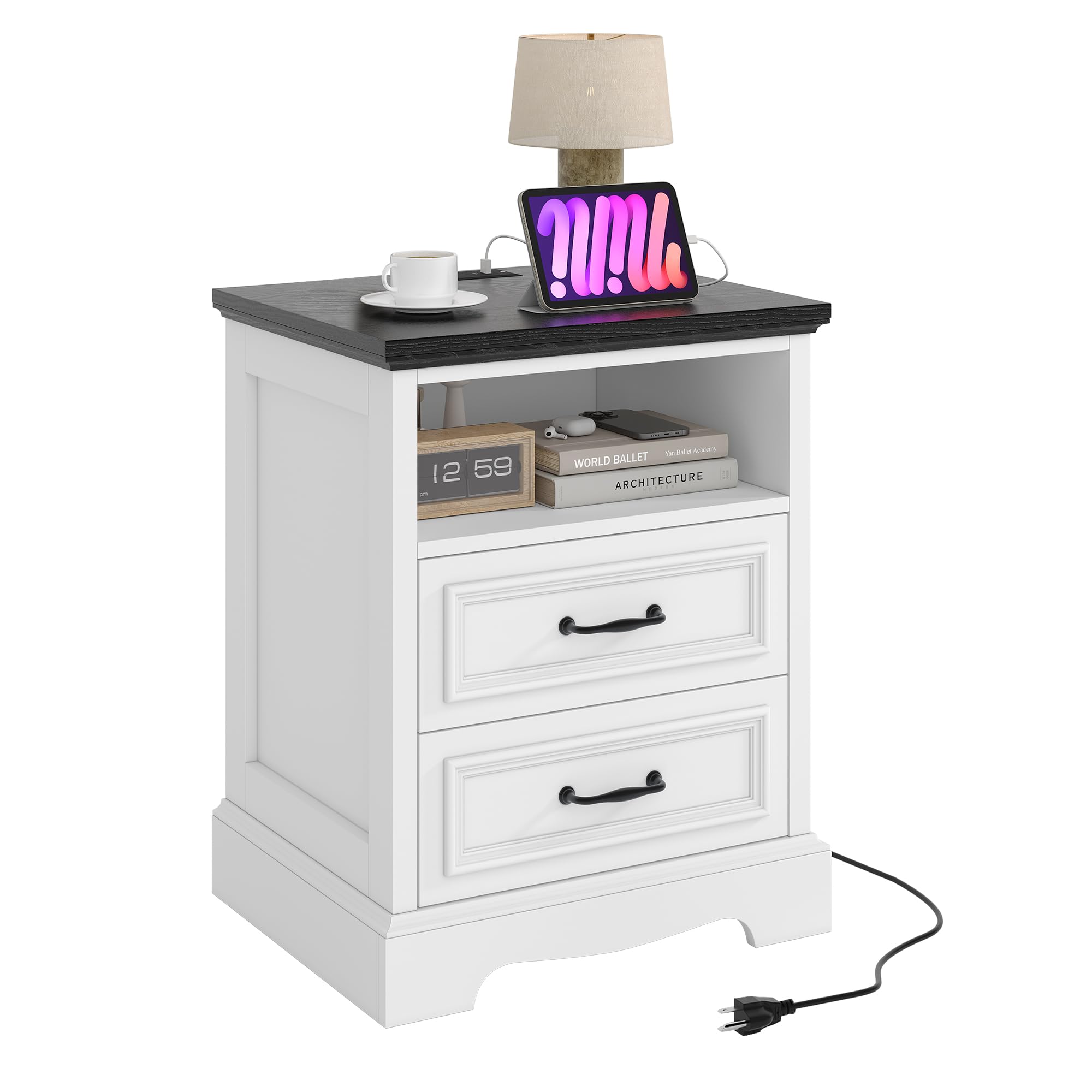 Fynar Farmhouse Nightstand with Charging Station and 2 Drawers White