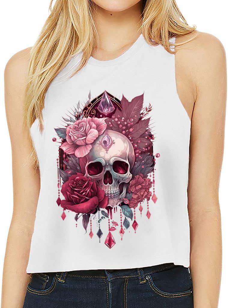 Flower Skull Racerback Cropped Tank - Skull Themed Women's Tank - Themed Tank Top - White, XL