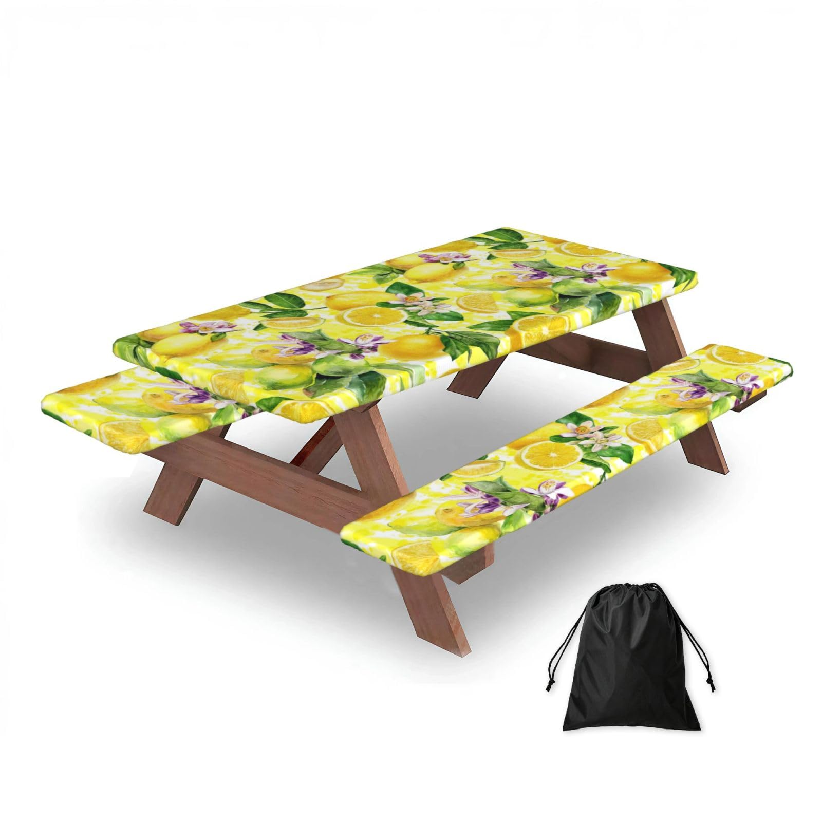 Dopklna As Picture Lemon Flower, Picnic Table Cover With Bench Covers -Waterproof Elastic Fitted Tablecloth For Garden Camping Patio 76X152cm