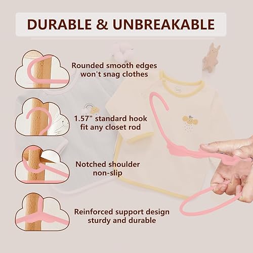 Miniatura 3 de trusir Perchas de bebé para armario, paquete de 50 perchas de plástico rosa antideslizantes para ropa de niños (rosa, 50)