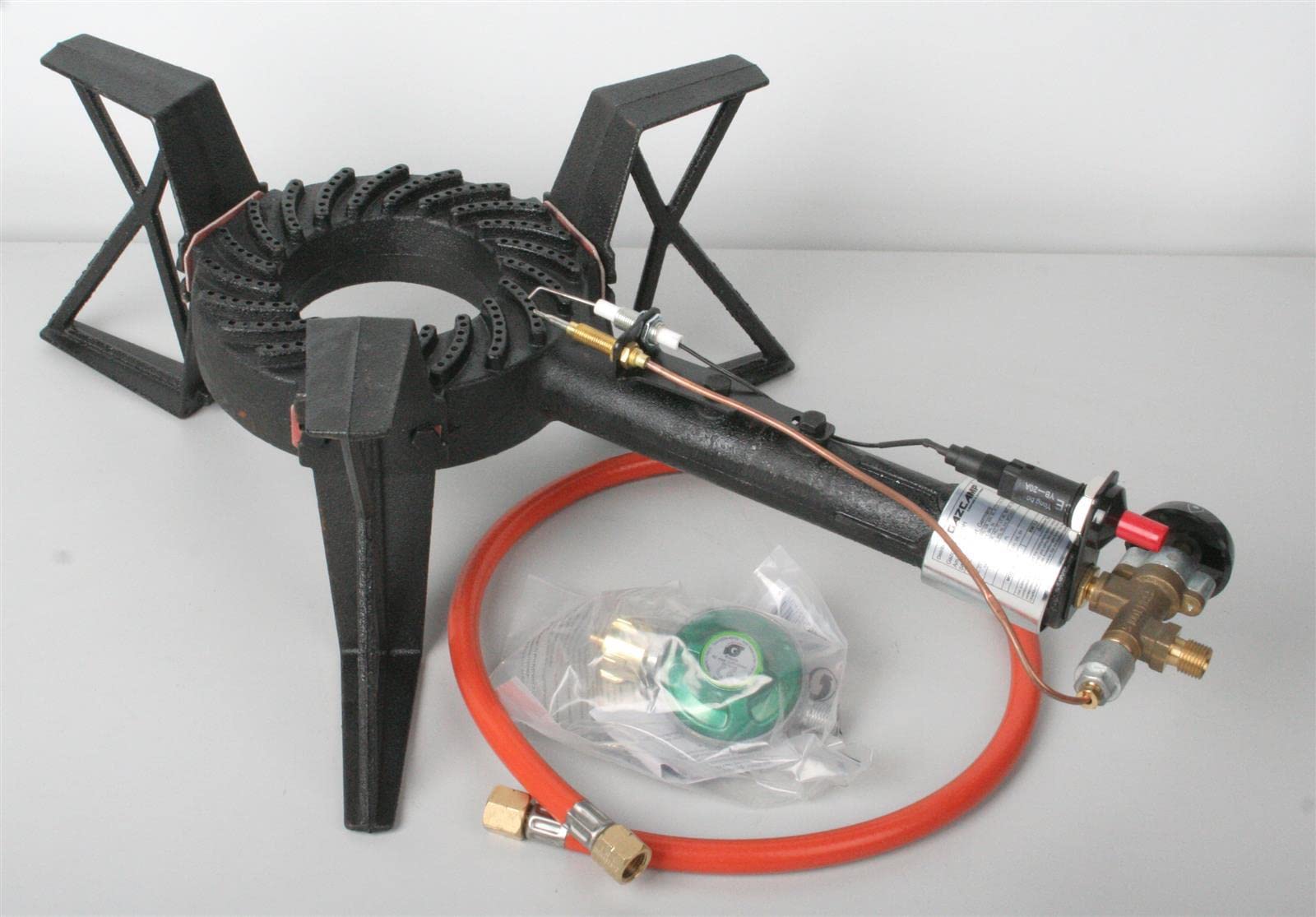 Hockerkocher 7,5 kW Gaskocher bis 100 kg belastbar Piezozündung Zündsicherung 50 mBar Schlauch Regler 5 kg 11 kg Gasflasche Wok (+5kg Gasflasche, Schlauch, Regler, Flaschenschlüssel (leer/ungefüllt))