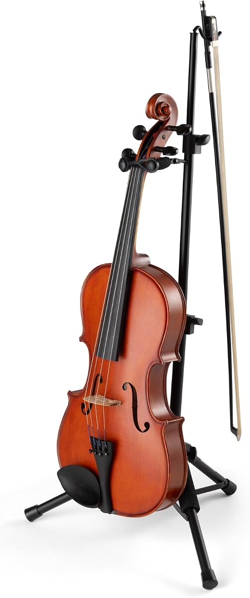 OnStage Soporte para viola/violín con soporte para arco, accesorios plegables para cuerdas orquestales, bloqueo de protección para la cabeza y colgador para arco, base para trípode, altura ajustable, acolchado, acero, pies de goma antideslizantes, portátil, negro