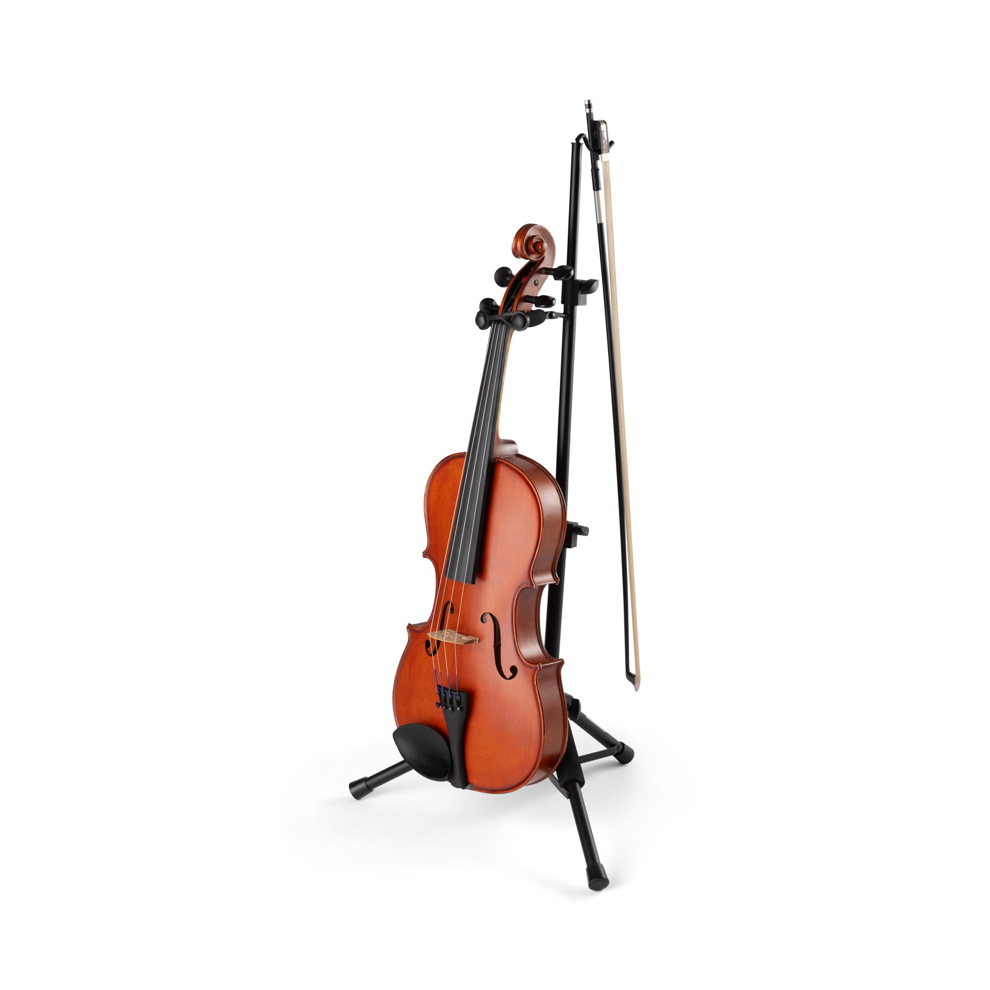OnStage Viola/Violin Stand with Bow Holder Foldable Orchestral Strings Accessories-Head Protection Lock&Bow Hanger,Tripod Base,Height Adjustable,Padded,Steel,Nonslip Rubber Feet, Portable, Black