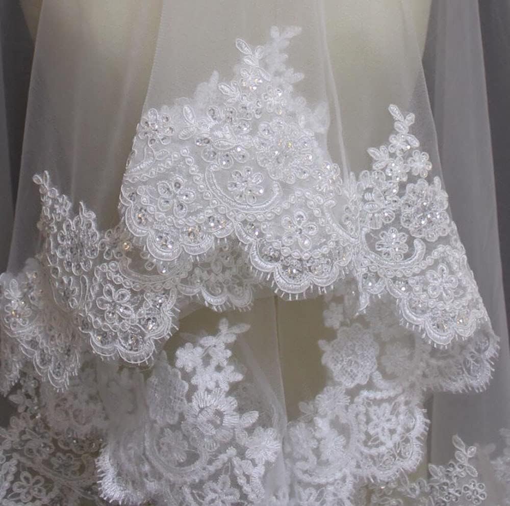 Sluiers Pailletten Kanten bruidssluier Geen kam Bruidssluier van tule 2 meter lange mantilla bruidssluier Eén laag Elegante bruidstule