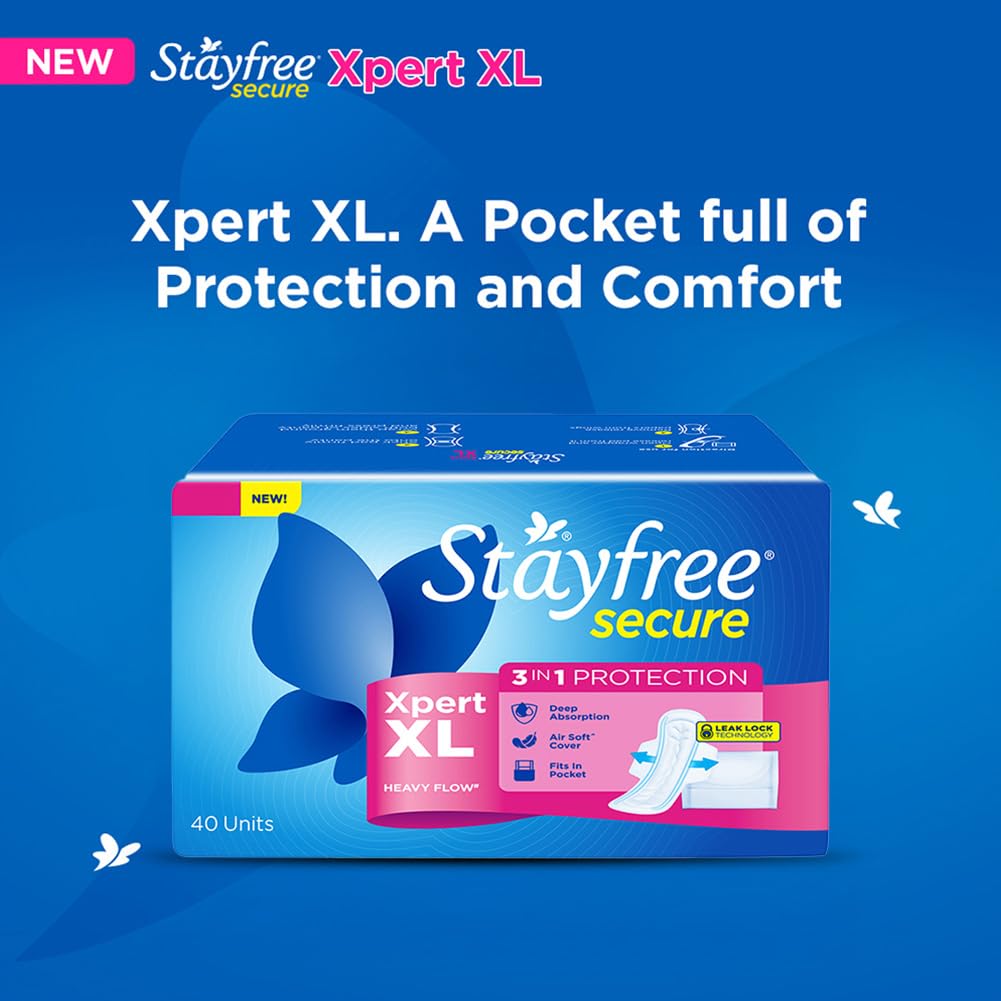 Stayfree Secure Xpert XL Sanitary Pads for Women | 290 mm | 40 Pads | Longer & Wider Pads for Heavy Flow | Air Soft Cover | Helps Prevent Skin Irritation | Fits in Pocket | Gel Lock Pockets for Instant & Deep Absorption | Dermatologically Tested 1