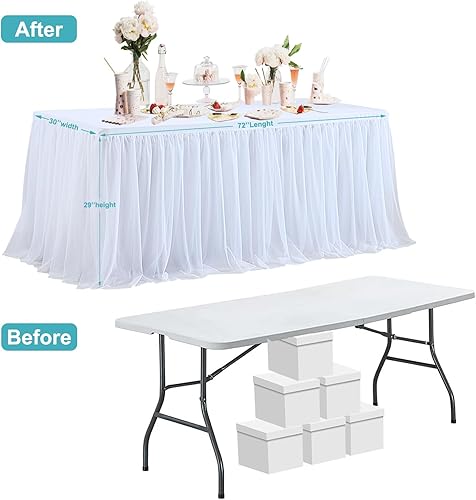 Miniatura 3 de Manteles blancos para mesas rectangulares de 6 pies, falda de mesa de tul con volantes blancos de una pieza con fundas de mesa de elastano