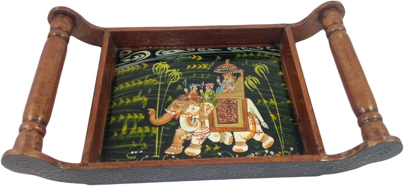 India Meets India Beautiful Mughal Art Painting Wooden Handmade Serving Tray with Handles (14X7-inch, Brown)