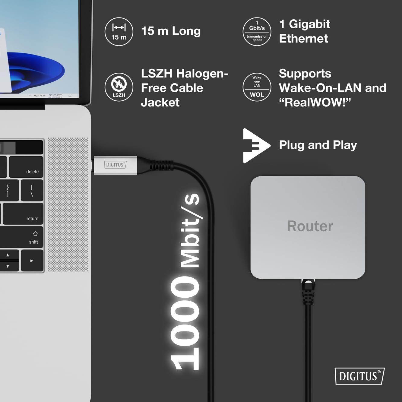 DIGITUS Adaptateur USB vers Ethernet – 15 m – USB-C vers RJ45 – 1 Gbit/s