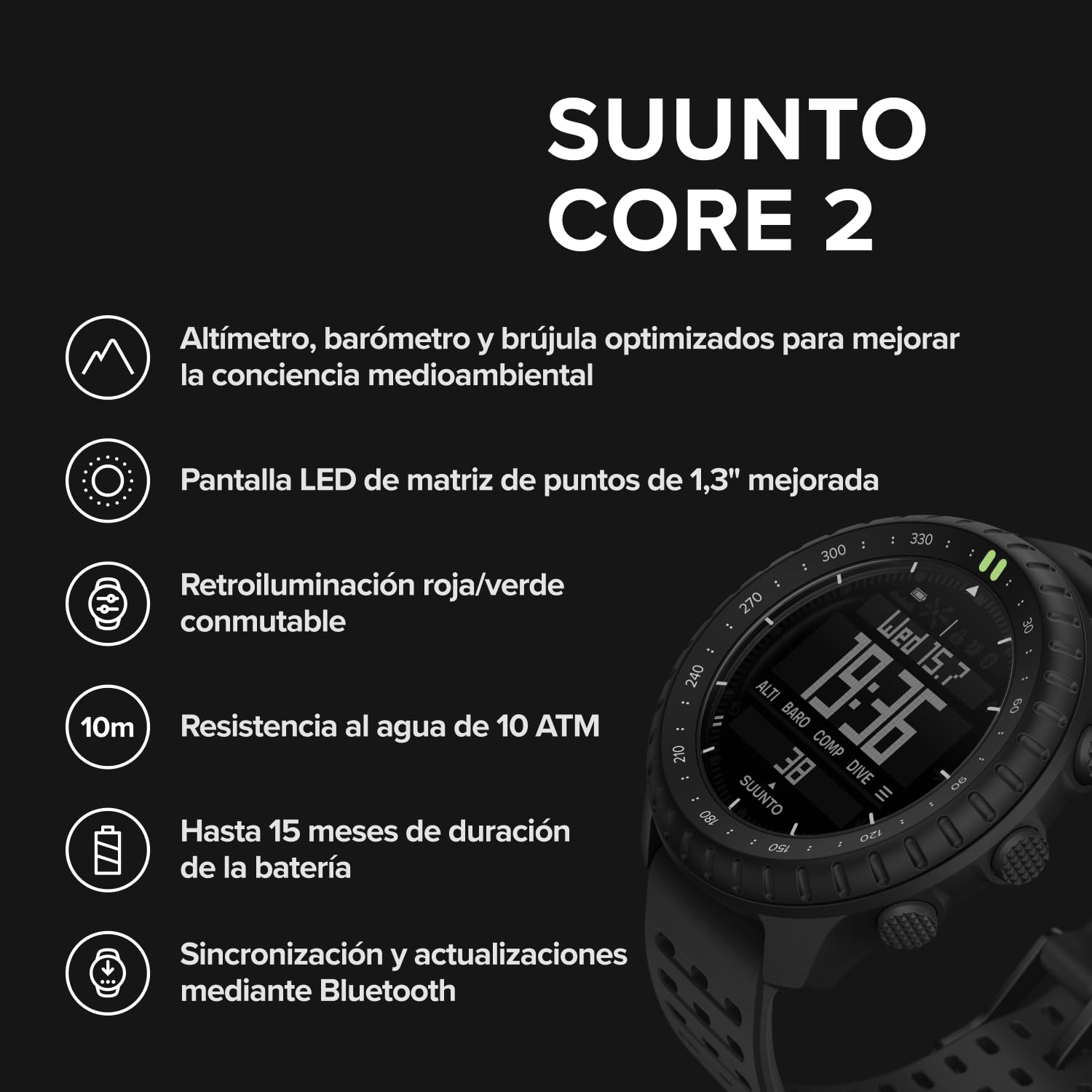Suunto Core 2 Reloj Outdoor, 10 ATM Resistente al Agua, batería 15 Meses | Altímetro, Barómetro, Brújula, Alarma de tormenta, Retroiluminación roja/verde, Seguimiento de pasos, App SUUNTO, Negro