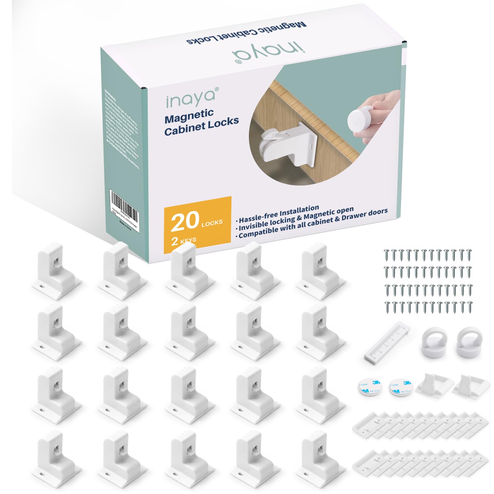 Inaya Magnetische Schrankschlösser für Babysicherung, 20 Schlösser & 2 Schlüssel, kindersichere Magnetschlösser für Schränke und Schubladen, mit unsichtbarem Design, 3M-Kleber für einfache