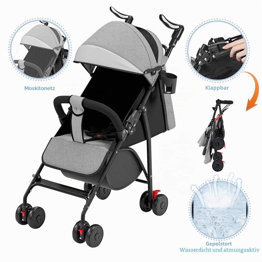 Kinderwagen, 0-4 Jahre, 0-22 kg, leichter und kompakter Kinderwagen, neigbarer Rückenlehne, 5-Punkte-Gurt, faltbarer Reise-Kinderwagen mit Vordach und Moskitonetz, rutschfeste Räder