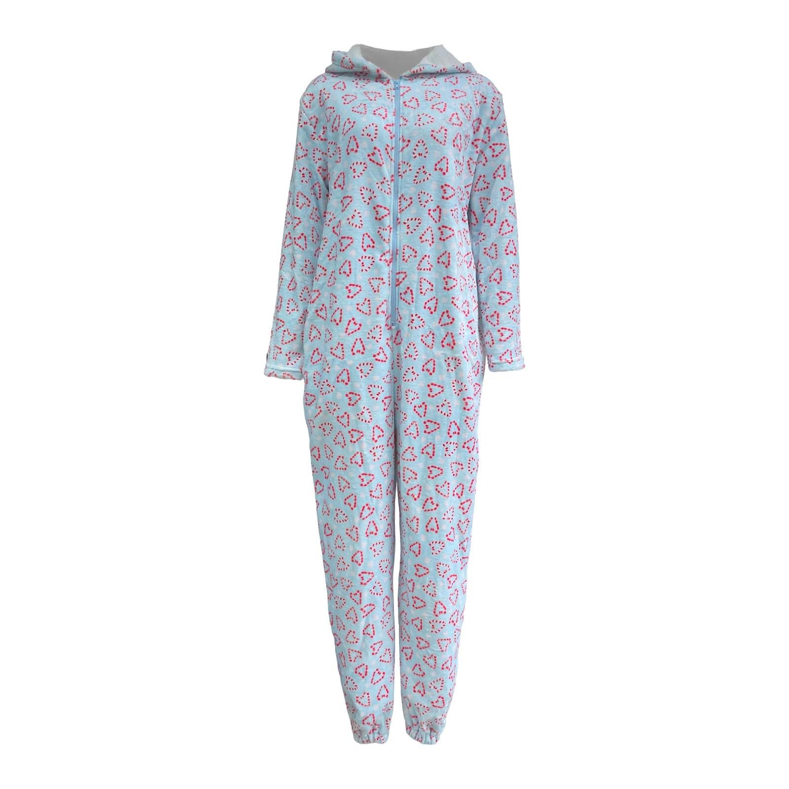 Generisch Pijama de franela para mujer, pijama de una pieza con estampado de corazón, manga larga, cuello en V, mono sexy y acogedor, grueso, térmico, de Navidad, ropa de salón