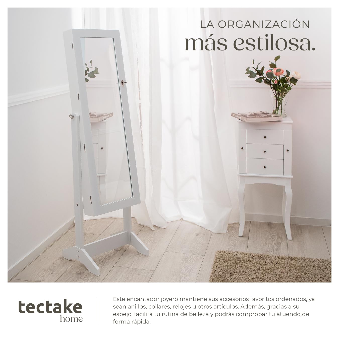 tectake® Espejo Cuerpo Entero con Joyeros Mujer Organizador, Joyero Niña, Espejo Maquillaje de Pie Ajustable con Cerradura, Revestimiento de Terciopelo. - 45 x 37 x 147 cm Blanco